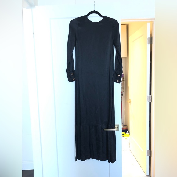 Black satin formal maxi dress with gold buttons and tiered bottom. - Picture 2 of 7